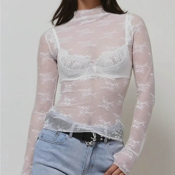 523. White Lace Long Sleeve Mesh Top - Picture 1 of 2